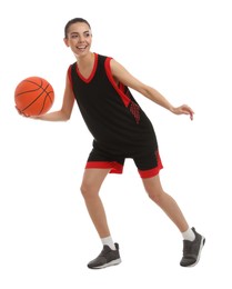 Photo of Professional sportswoman playing basketball on white background