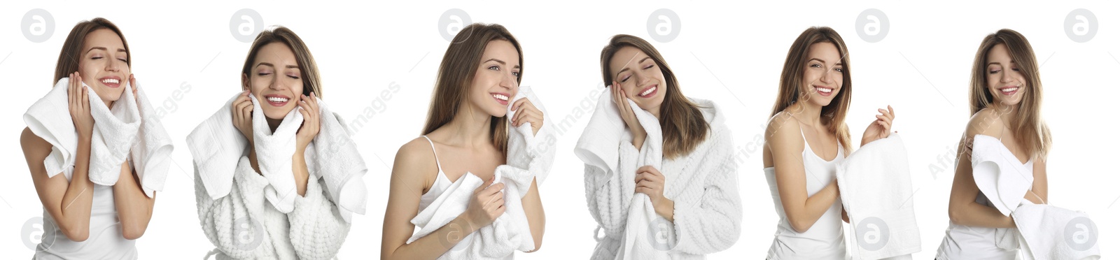 Image of Collage of woman with towel on white background. Banner design