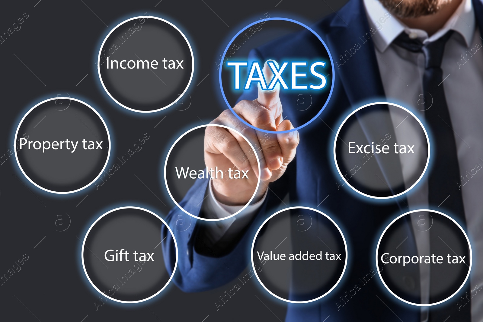 Image of Tax concept. Man using virtual screen, closeup