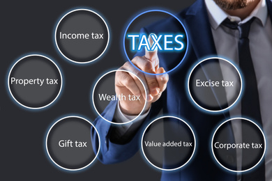 Image of Tax concept. Man using virtual screen, closeup