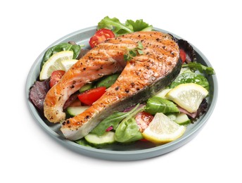 Photo of Tasty salmon steak with lemon and vegetables on white background