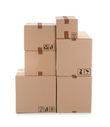 Image of Parcel delivery. Cardboard boxes with different packaging symbols on white background  