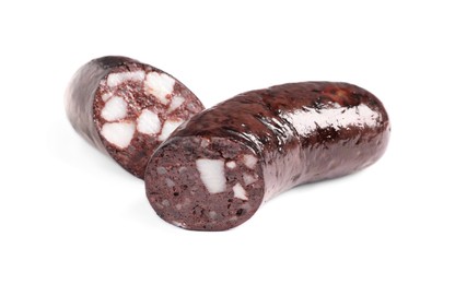 Photo of Cut tasty blood sausage on white background