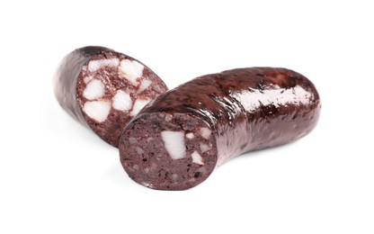 Cut tasty blood sausage on white background