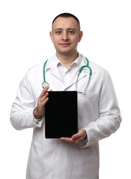 Doctor with stethoscope holding blank tablet on white background, space for design. Cardiology concept