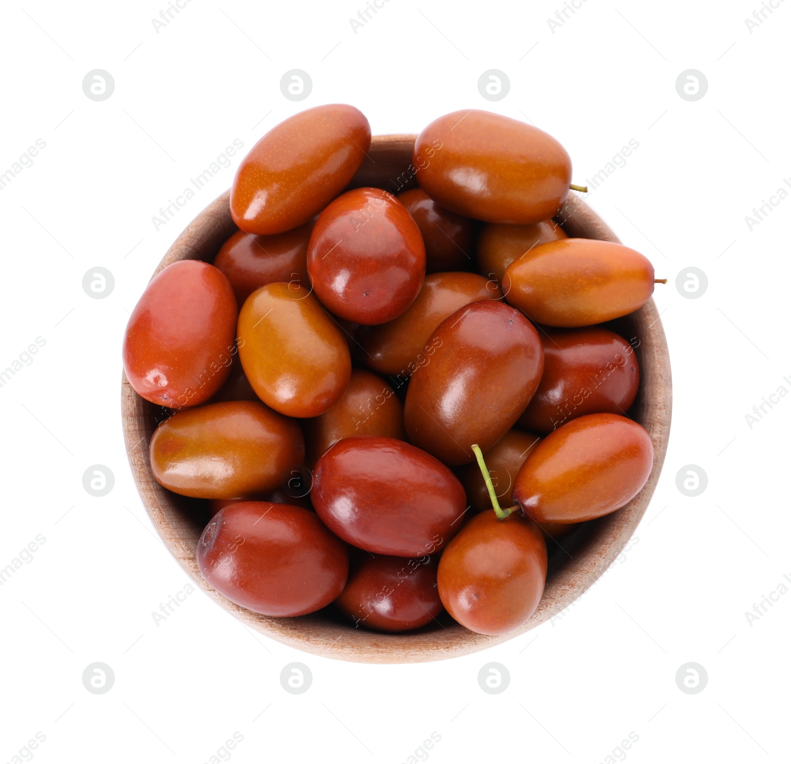 Photo of Ripe red dates in bowl on white background, top view