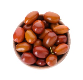 Photo of Ripe red dates in bowl on white background, top view