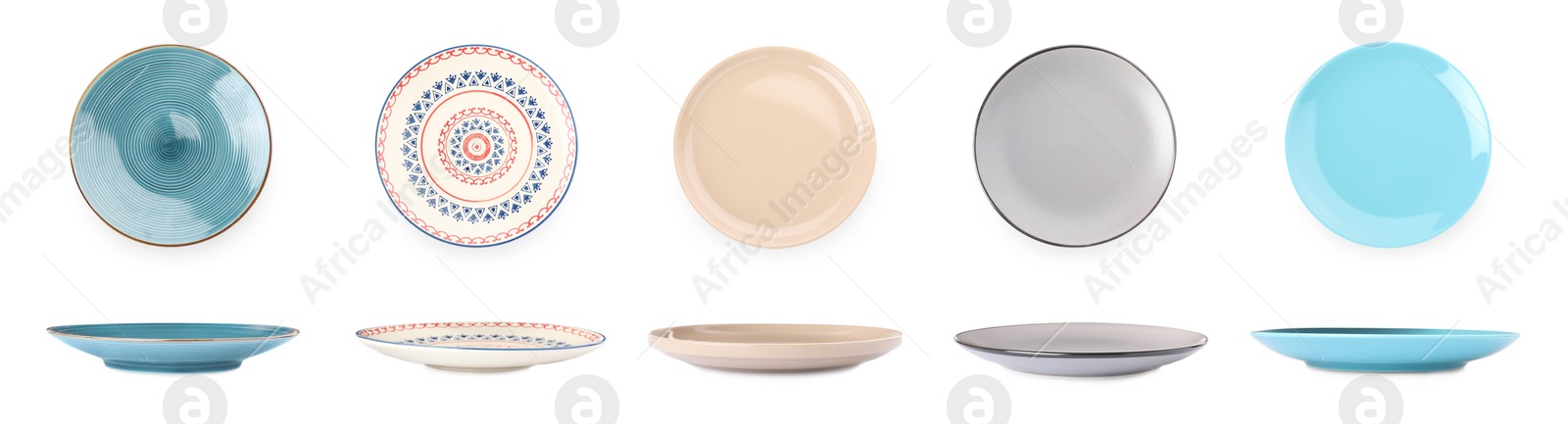 Image of Set with empty ceramic plates on white background. Banner design