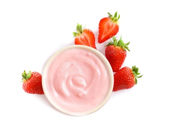 Photo of Bowl with tasty yogurt and strawberries on white background, top view