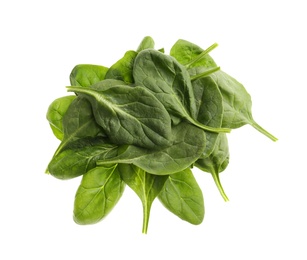 Fresh green healthy spinach leaves isolated on white, top view