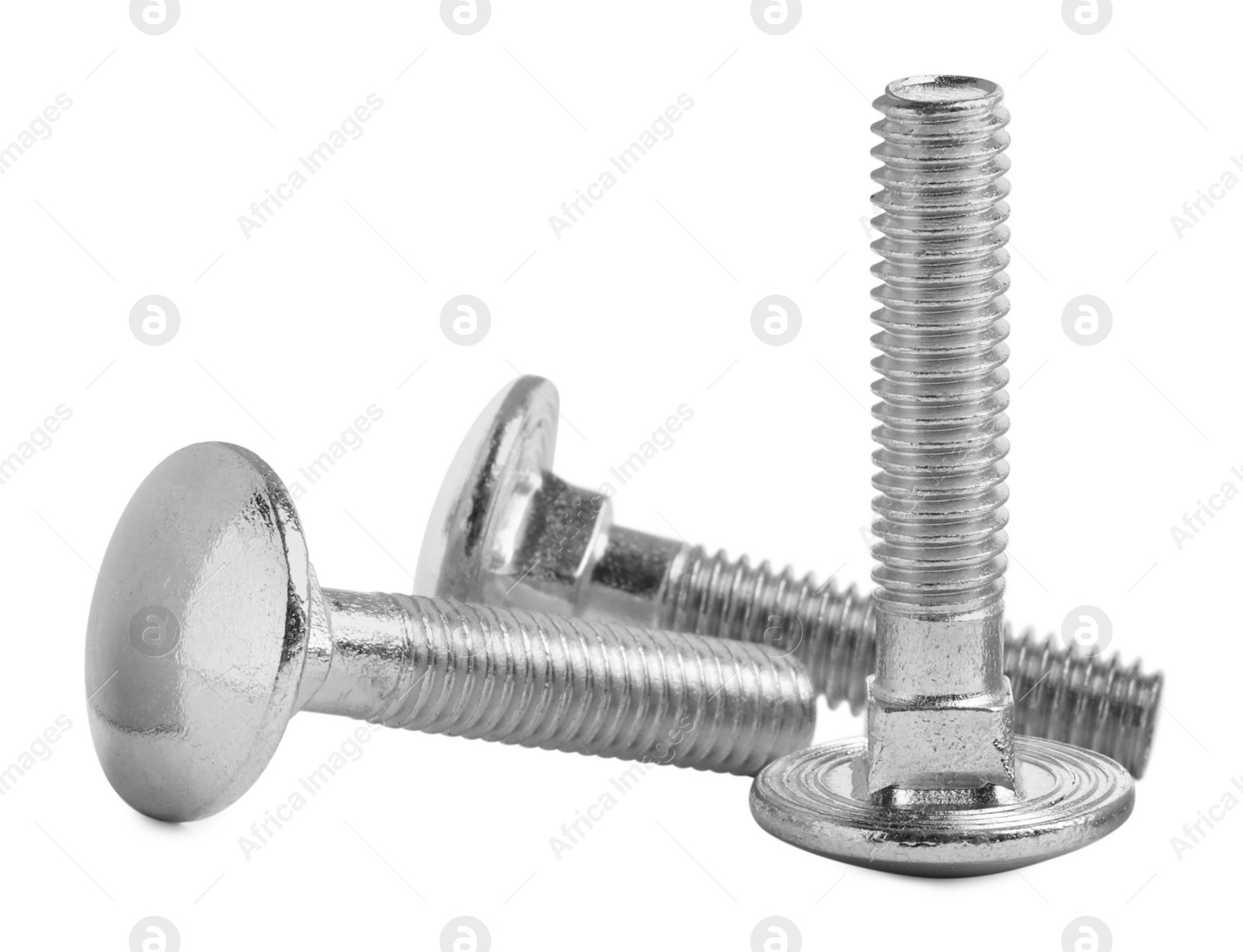 Photo of Many metal carriage bolts on white background