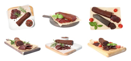 Set with delicious dry-cured basturma on white background. Banner design
