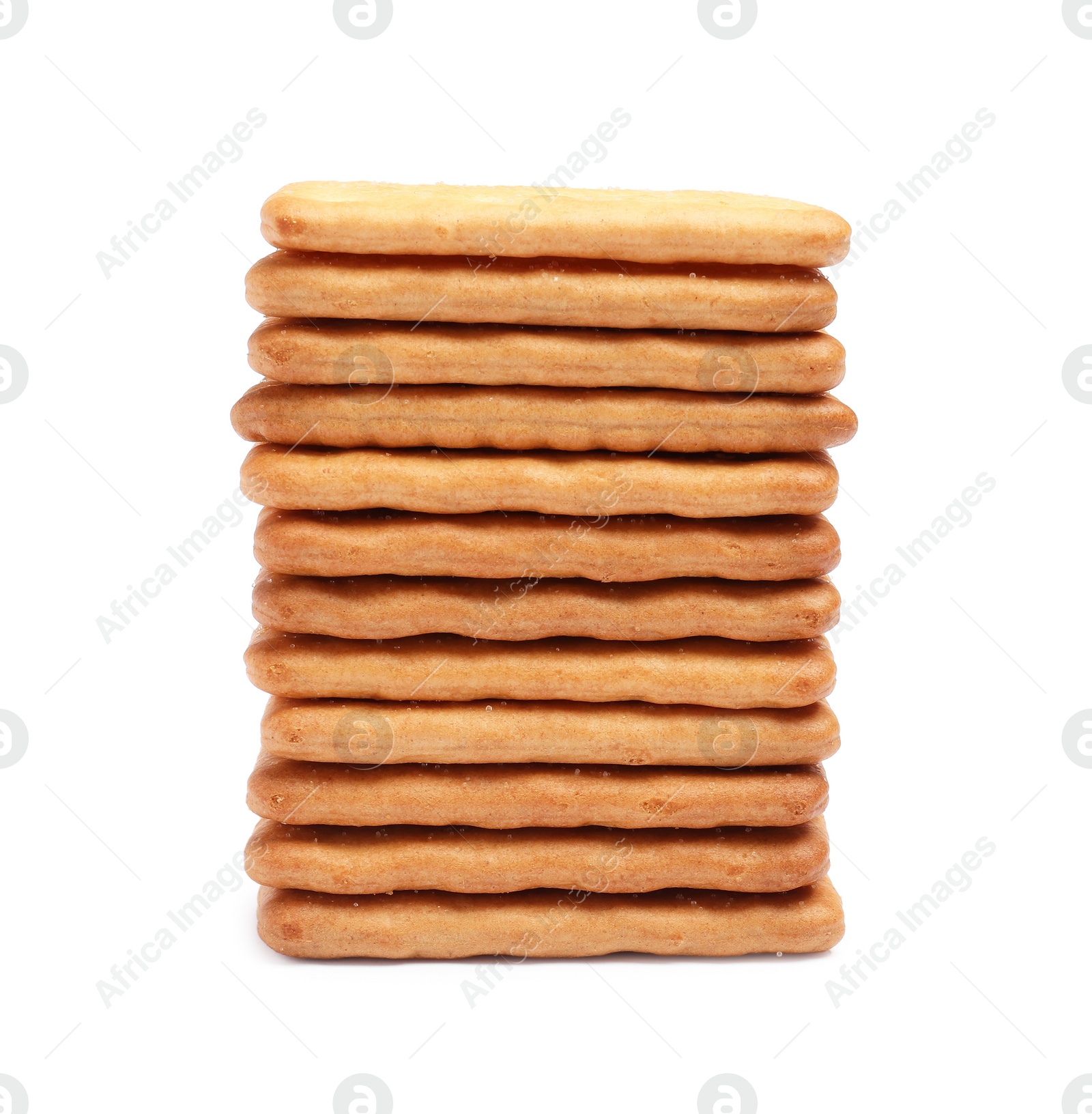 Photo of Tasty crispy square crackers isolated on white