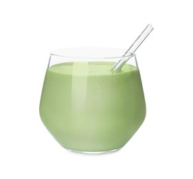 Photo of Glass of tasty matcha smoothie isolated on white