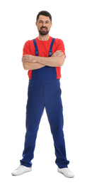 Full length portrait of professional auto mechanic on white background