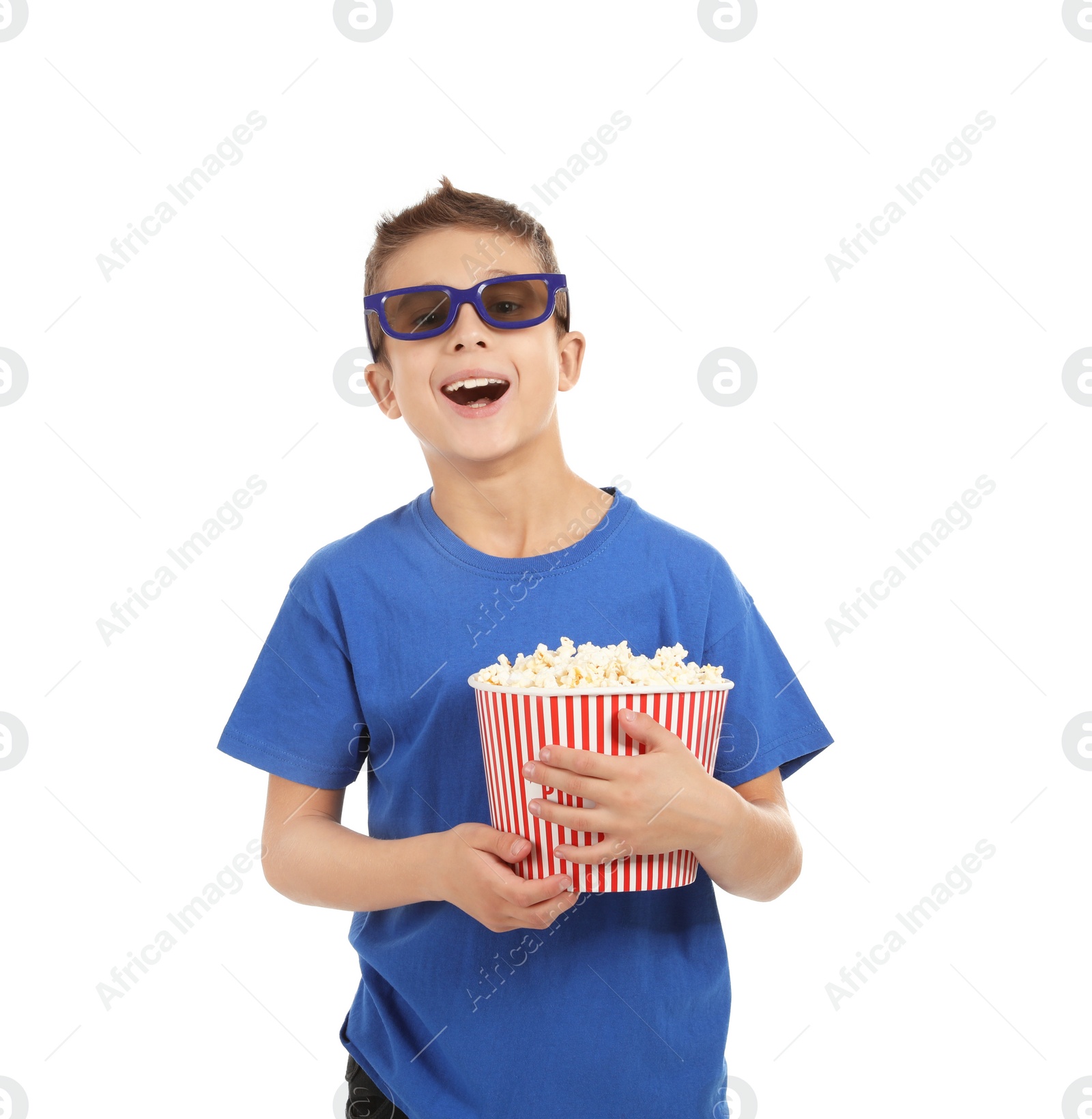 Photo of Boy with 3D glasses and popcorn during cinema show on white background
