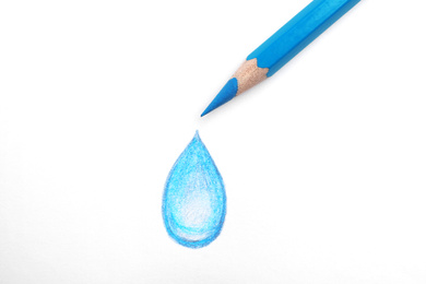 Photo of Drawing of water drop and light blue pencil on white background, top view
