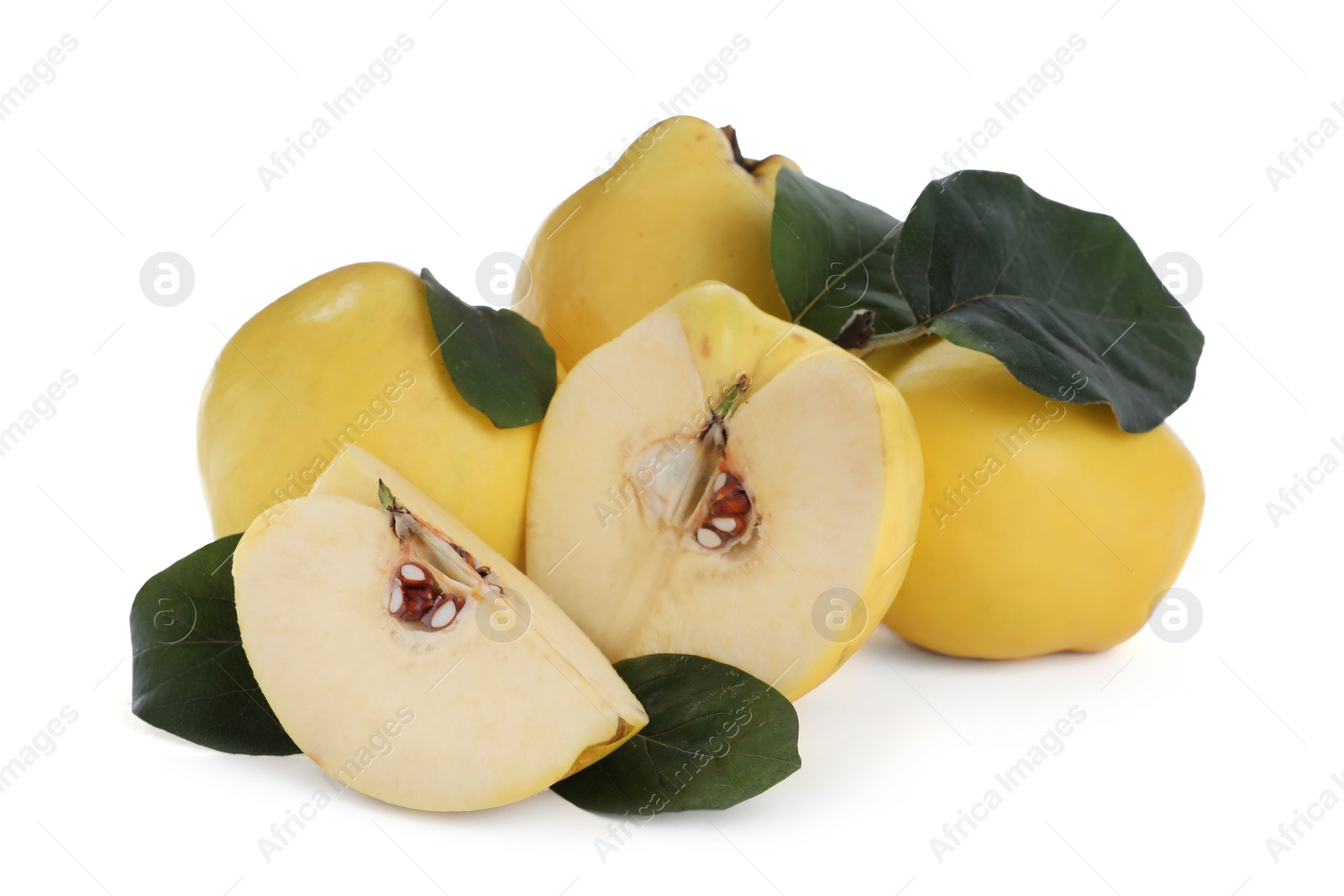 Photo of Ripe fresh quinces with green leaves on white background