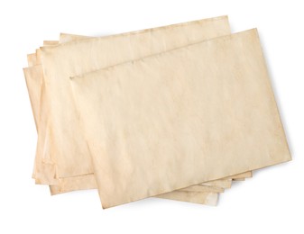 Photo of Stack of old letters on white background, top view