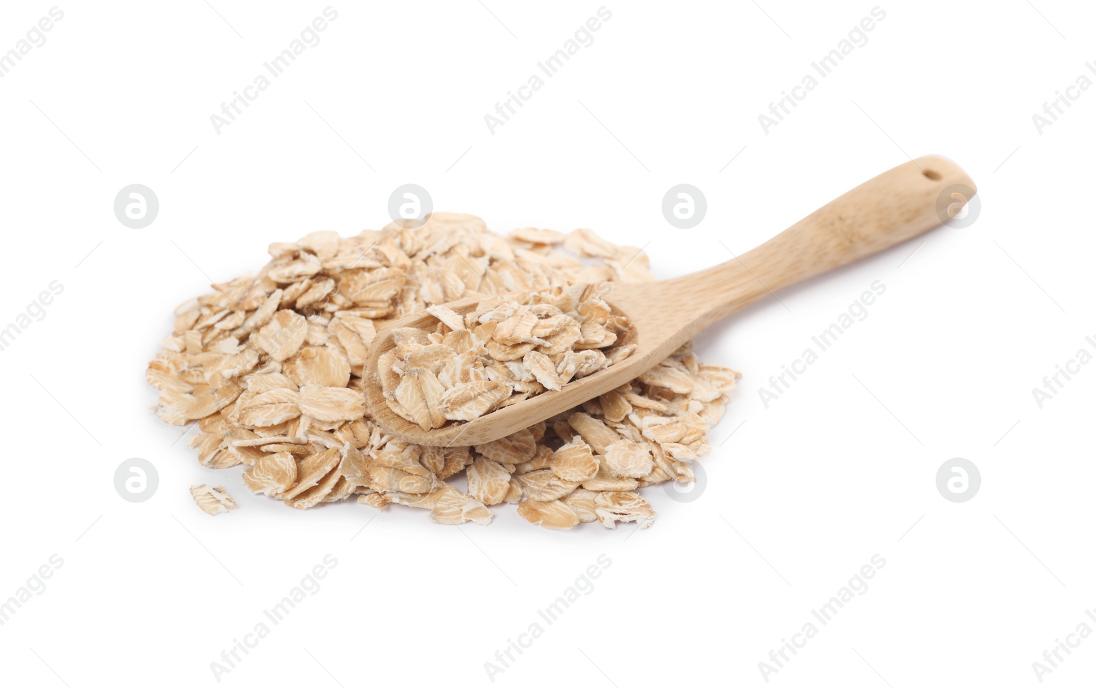 Photo of Wooden scoop with oatmeal isolated on white