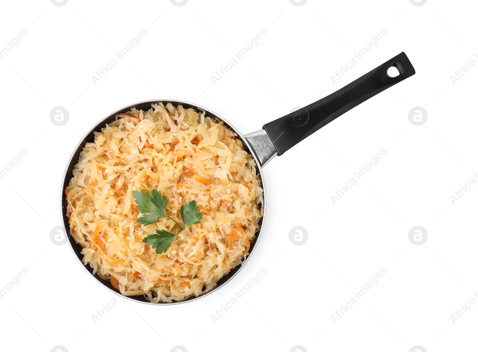 Photo of Frying pan with sauerkraut isolated on white, top view