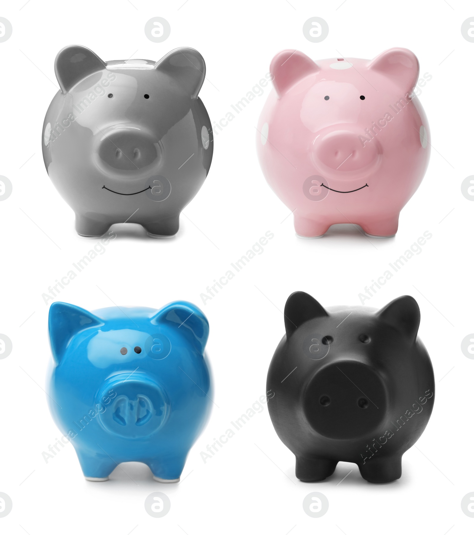 Image of Set with different piggy banks on white background. Money saving