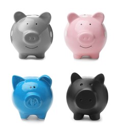 Image of Set with different piggy banks on white background. Money saving