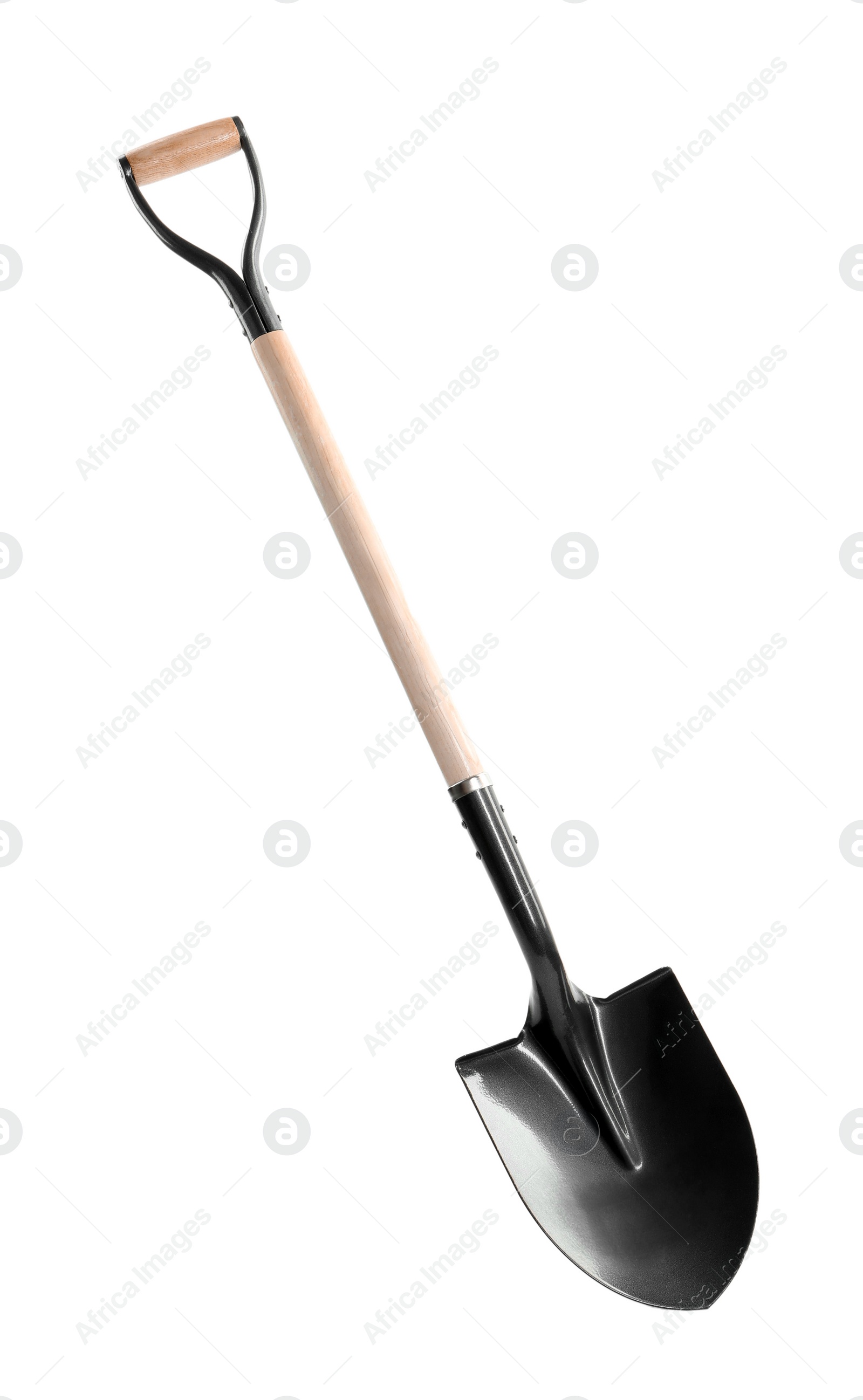 One new shovel with wooden handle isolated on white. Gardening tool Photo of One new shovel with wooden handle isolated on white. Gardening tool