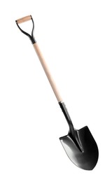 Photo of One new shovel with wooden handle isolated on white. Gardening tool