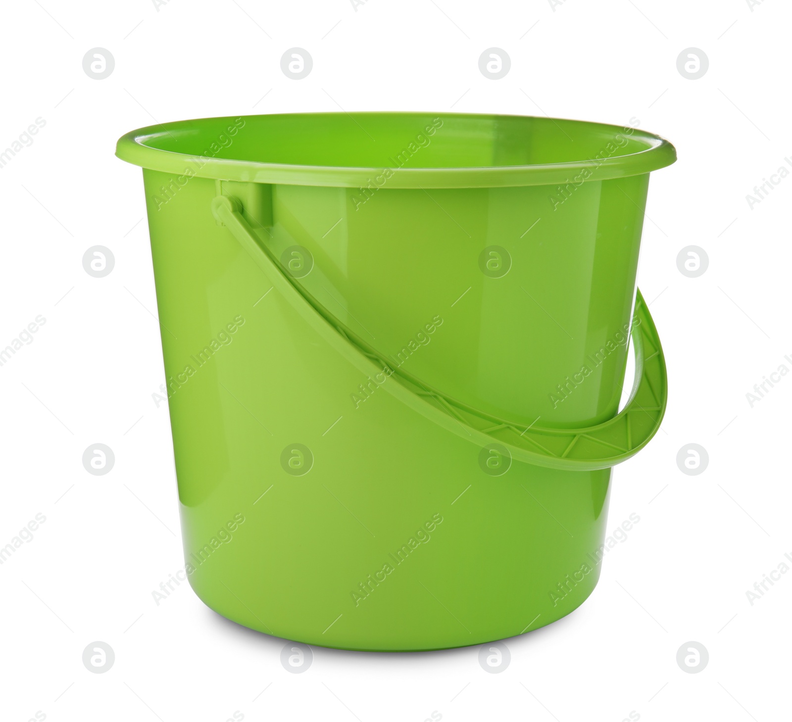 Photo of Empty green bucket for cleaning isolated on white
