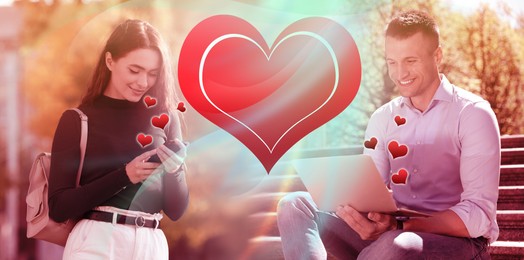 Man and woman chatting on dating site outdoors, banner design. Many hearts between them