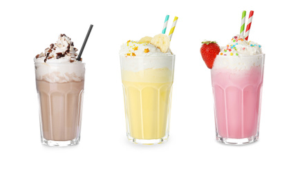 Image of Set of glasses with different protein shakes on white background