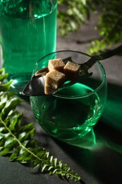 Photo of Absinthe in glass, spoon with brown sugar cubes and fern leaf on table, closeup. Alcoholic drink