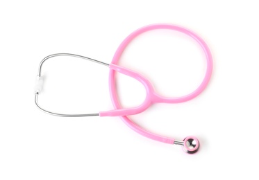 Photo of Stethoscope on white background, top view. Medical device