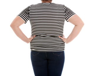 Overweight woman on white background, closeup. Weight loss