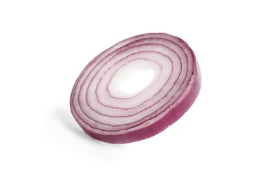 Photo of Fresh slice of red onion on white background