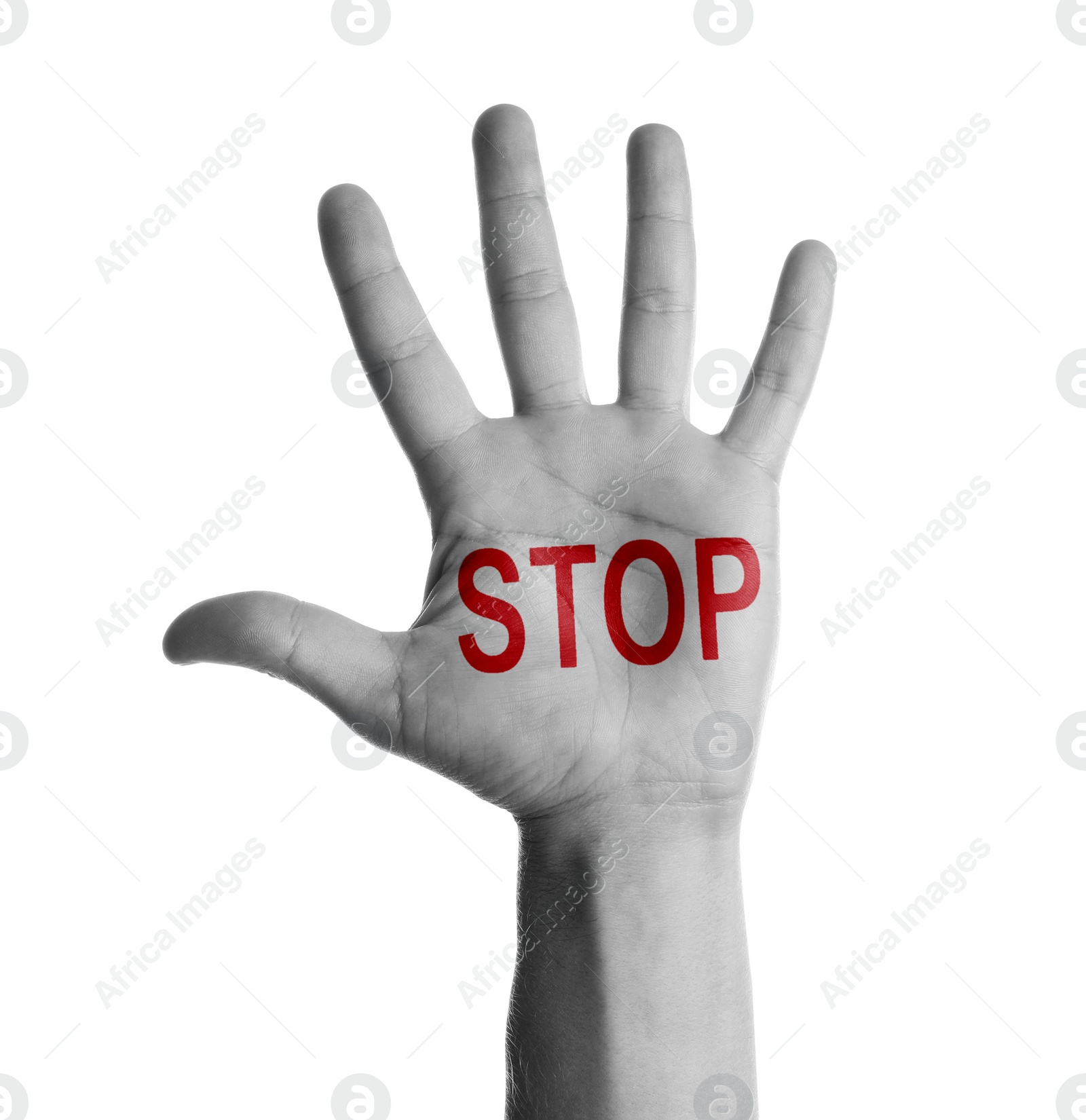 Image of Woman showing palm with inscription STOP on white background, closeup