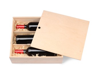 Wooden gift box with wine bottles isolated on white