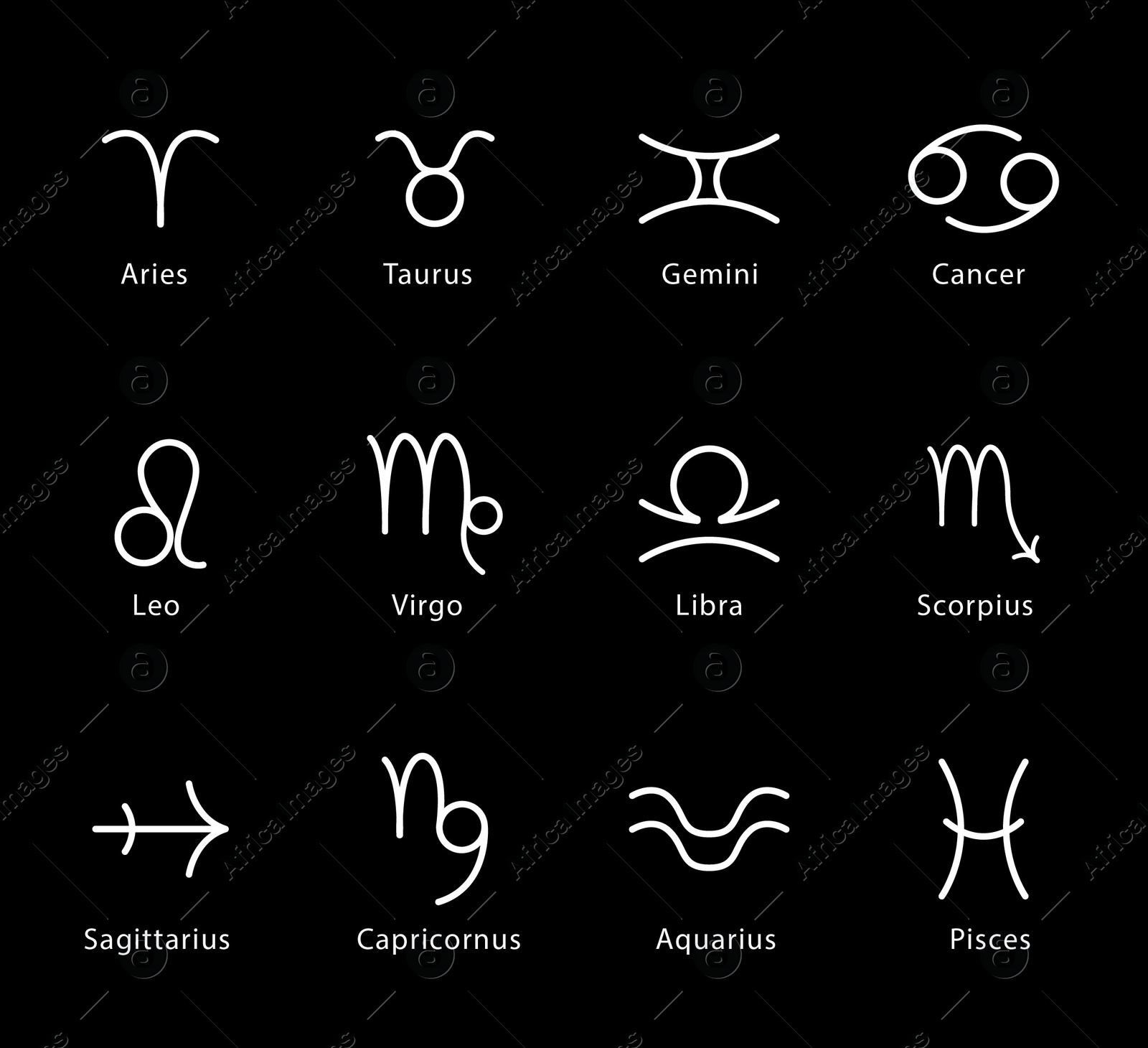 Illustration of Collection of astrological signs on black background. Illustration 