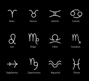 Illustration of Collection of astrological signs on black background. Illustration 