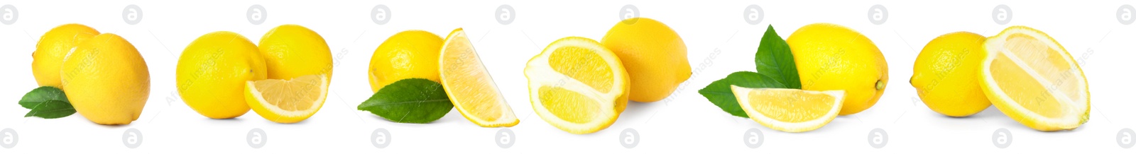 Image of Set with fresh ripe lemons on white background. Banner design 