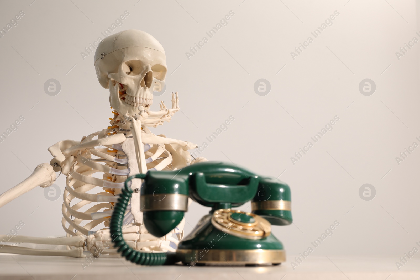 Photo of Waiting concept. Human skeleton at table with corded telephone against light grey background, space for text