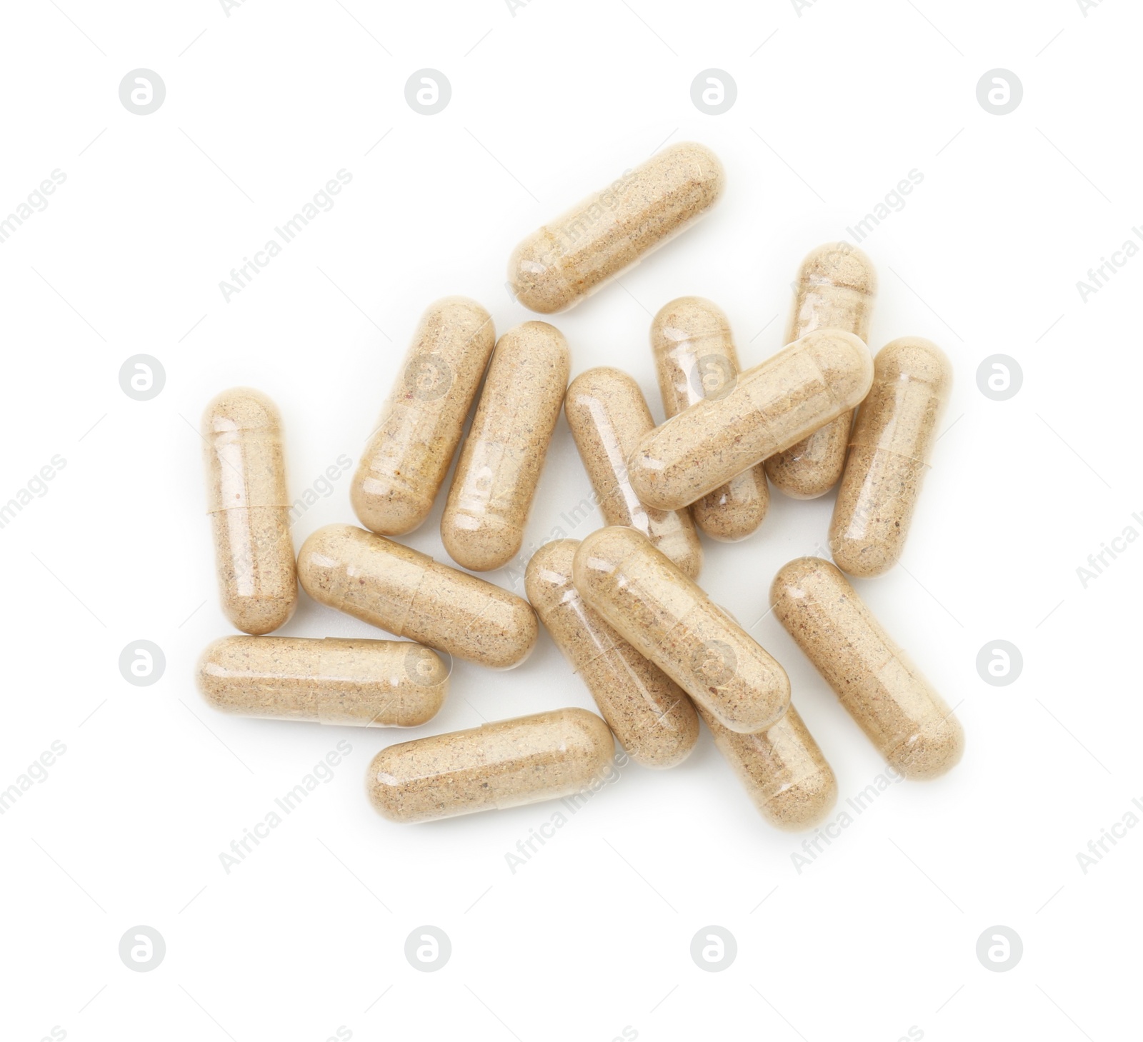 Photo of Vitamin capsules isolated on white, top view. Health supplement