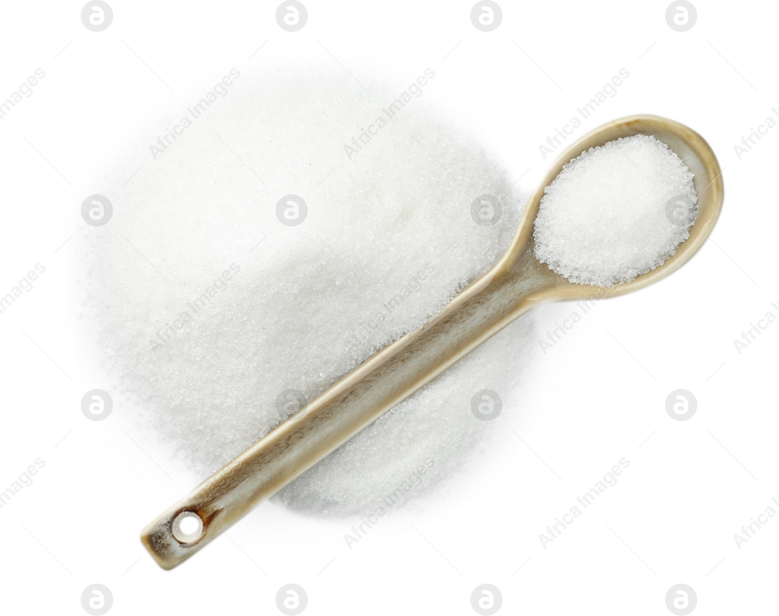 Photo of Spoon with granulated sugar isolated on white, top view