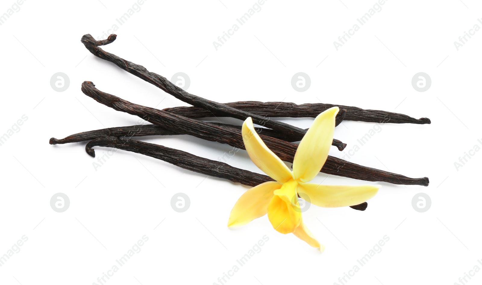 Photo of Aromatic vanilla sticks and flower on white background