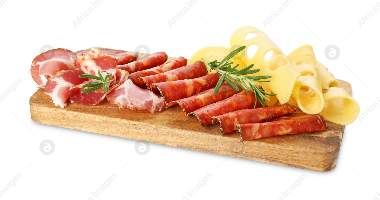 Photo of Charcuterie board. Delicious cured ham, cheese, sausage and rosemary isolated on white