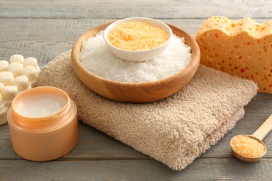 Photo of Composition with sea salt on rustic table