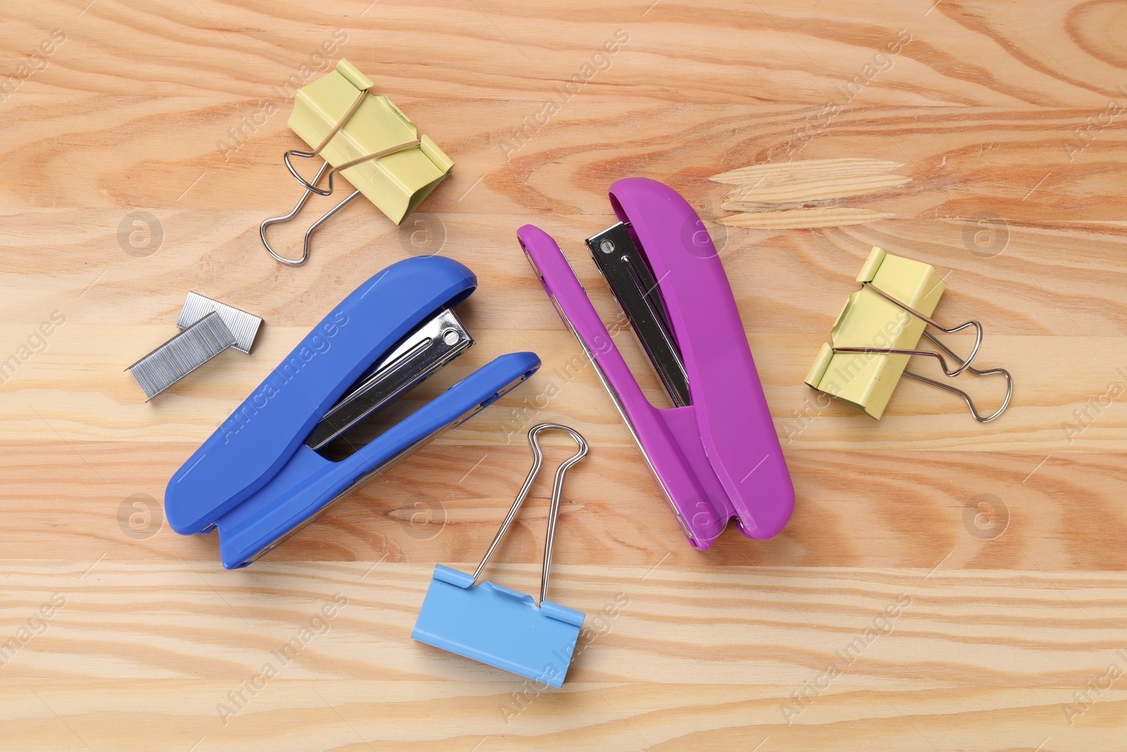 Photo of Bright staplers with staples and binder clips on wooden table, flat lay