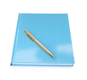 Light blue planner with pen isolated on white