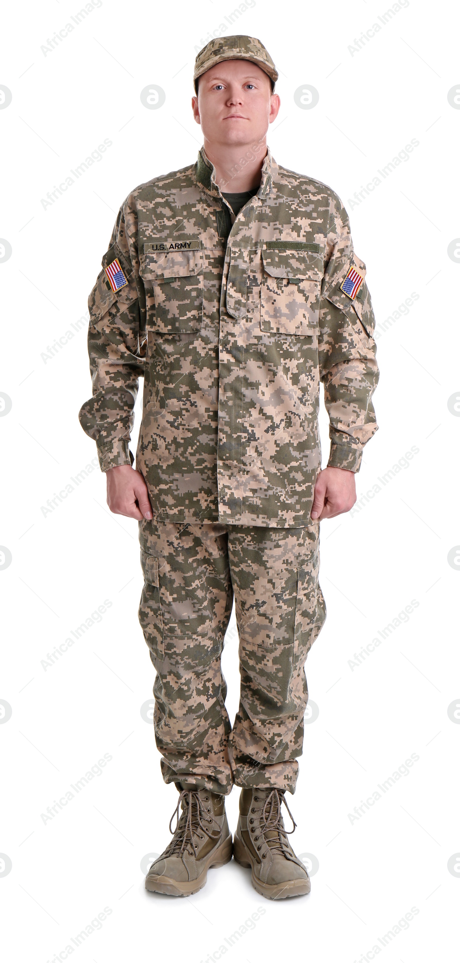 Photo of Male soldier on white background. Military service